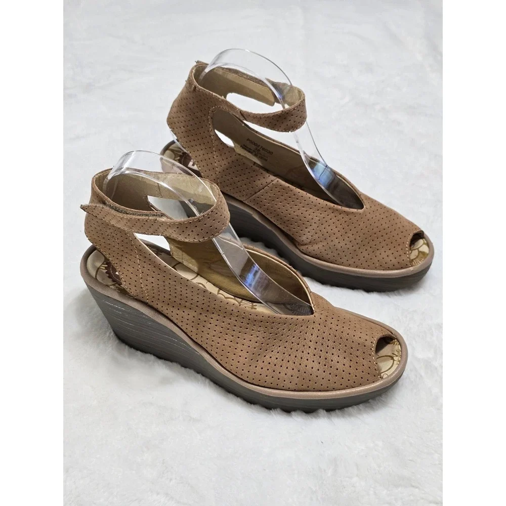 Fly London Yaba Taupe Perforated Suede Wedge Sandals Peep Toe EU 39 P500376030